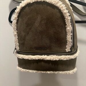 Michael Kors Rhea Olive Suede and Faux Shearling Backpack with Cream Trim